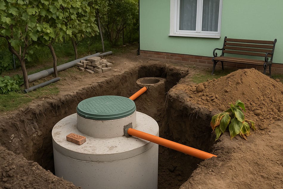Професійний монтаж однокамерного септика з бетонних кілець біля приватного будинку в Хмельницькому.