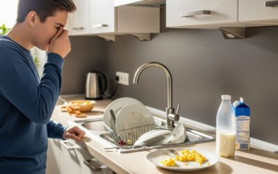 Людина закриває ніс рукою на кухні через неприємний запах біля раковини з брудним посудом.