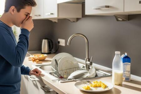 Людина закриває ніс рукою на кухні через неприємний запах біля раковини з брудним посудом.